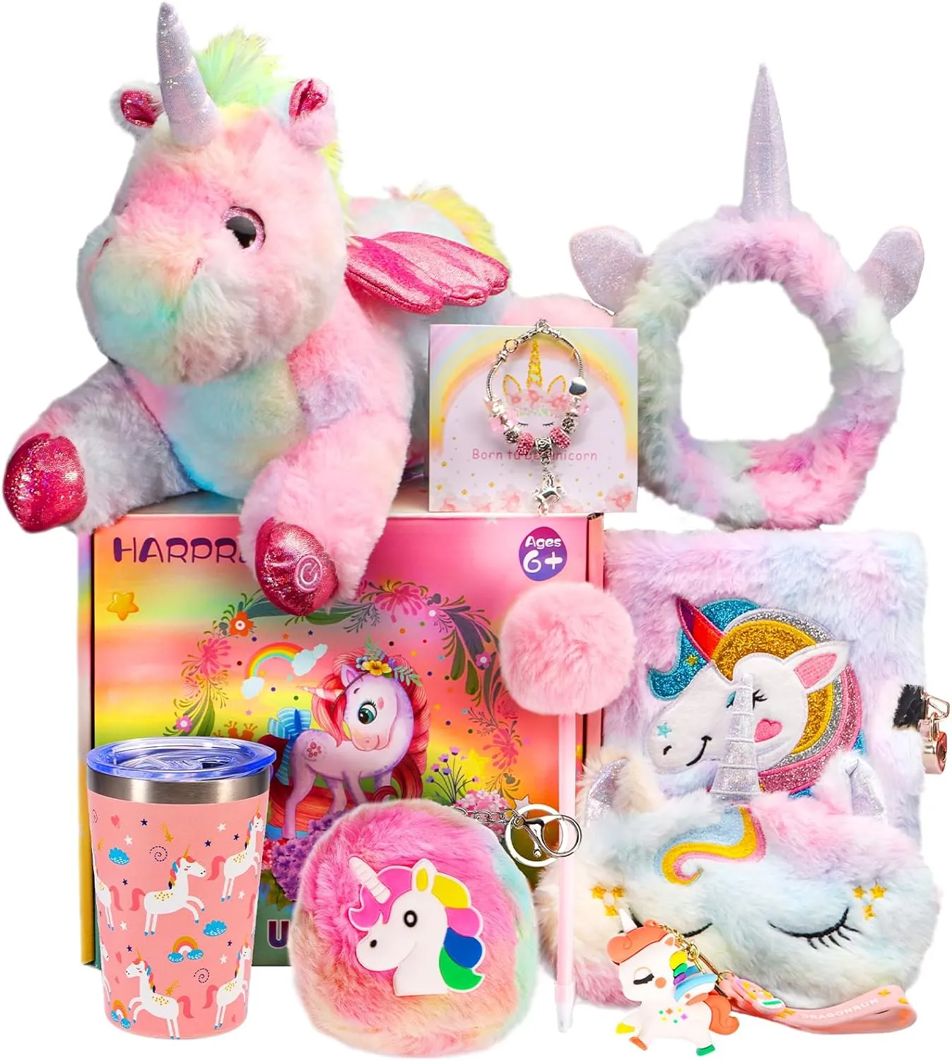 Unicorn Gift Girls Kids Toys 6 7 8 9 10 Years Old with Unicorn Glow Plush Animal Diary with Lock Headband Eye Mask Water Bottle Girls Party Birthday Christmas Unicorn Toy