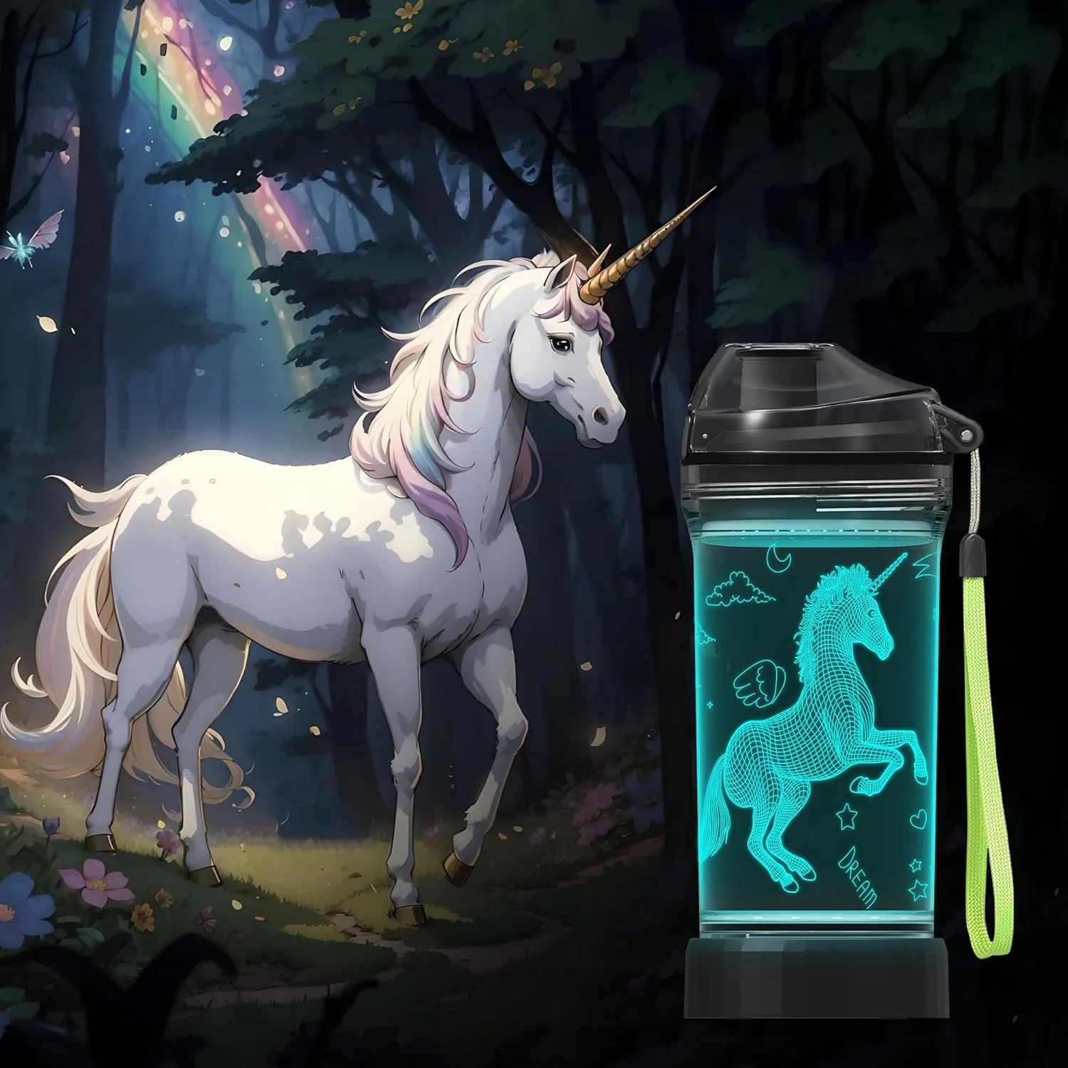 Unicorn Gifts for Girls, Light Up 3D Unicorn Water Bottle, 14oz Tritan BPA Free - Kids Drinking Cup - Christmas Holiday
