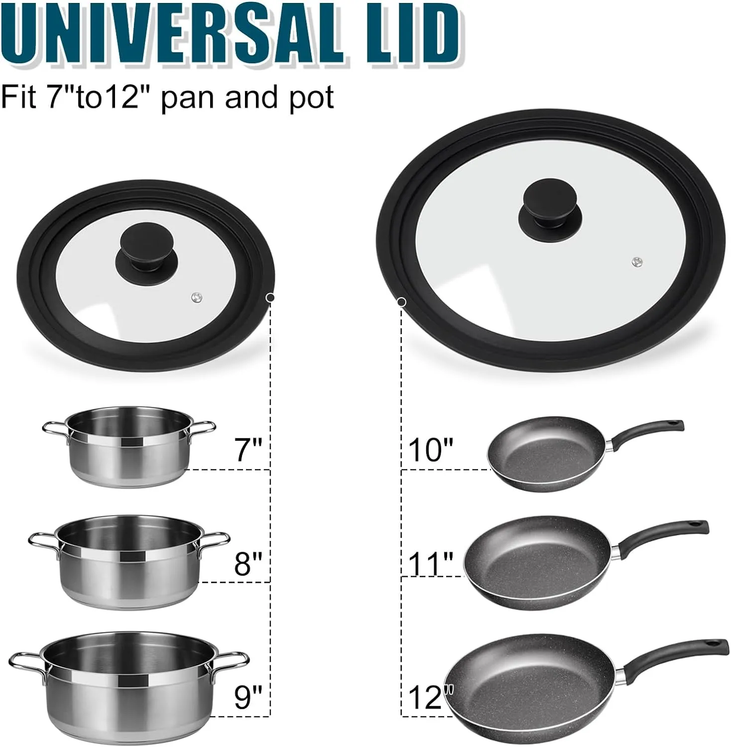 Universal Lid for Pots Pans and Skillets, 2 Pack Pan Cover fit 7", 8" 9" & 10", 11", 12" Diameter Cookware, Silicone Replacement Pan Lid Pot Lids for Frying Pans, Cast Iron,Tempered Glass Lid