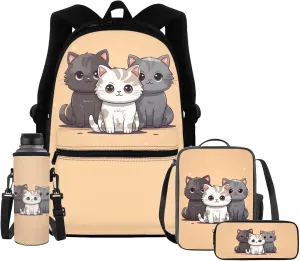 Upetstory Kawaii Cat Backpack for Girls with Lunch Box 3-5 6-8 10-12 Toddler School Bag for School Kindergarten Bookbag Pencil Case Water Bottle Sleeve Elementary Preschool Daypack 4pcs/set
