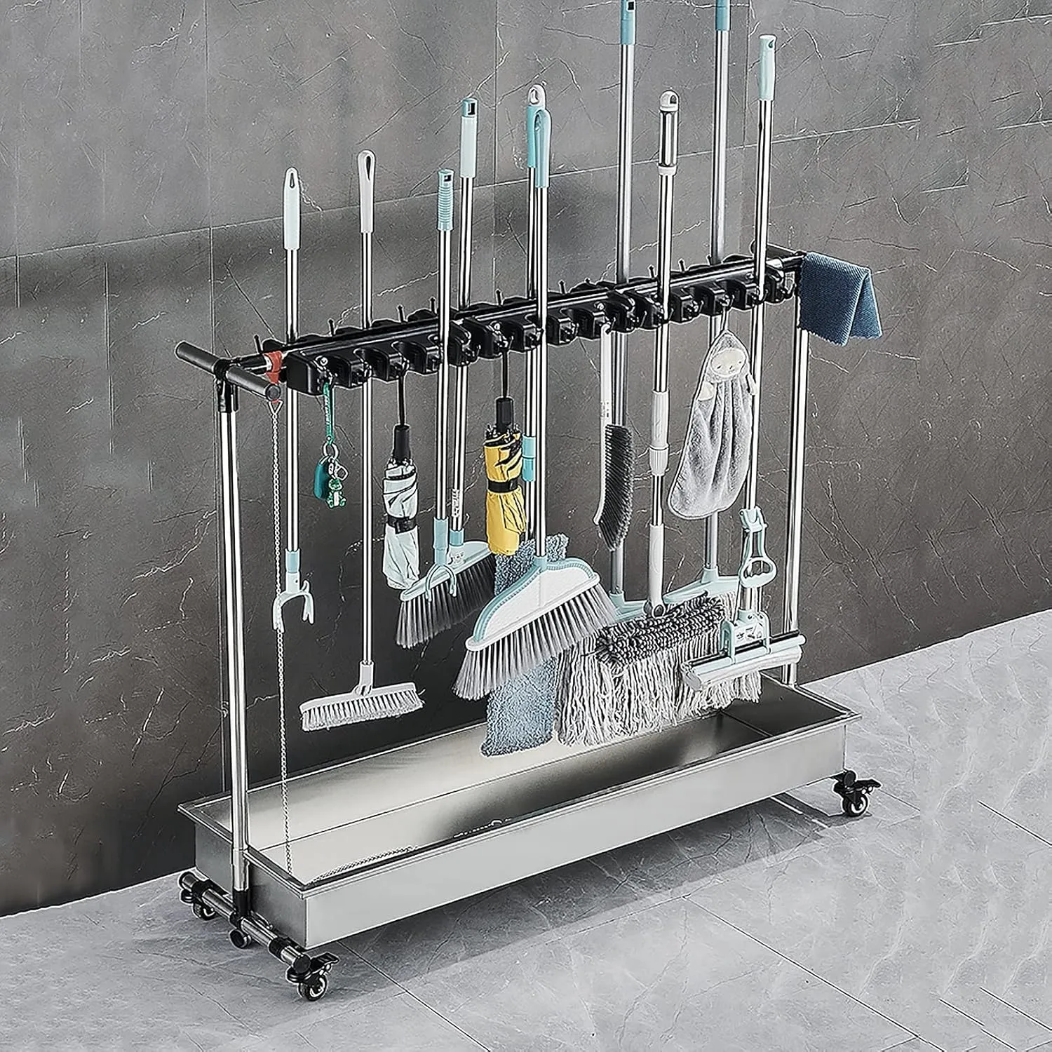 Utility Racks for Mops and Brooms,Put Wet Mops Movable Floor-Mounted Mop Rack,Floor Standing Cleaning Tool Storage Cart,Broom Holder Organizer,Utility Cleaning Tool Cart,with Unive