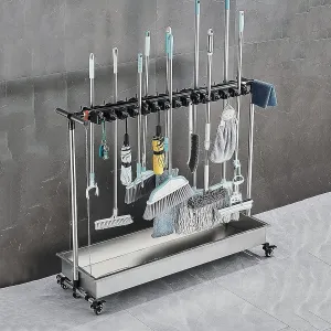 Utility Racks for Mops and Brooms,Put Wet Mops Movable Floor-Mounted Mop Rack,Floor Standing Cleaning Tool Storage Cart,Broom Holder Organizer,Utility Cleaning Tool Cart,with Unive