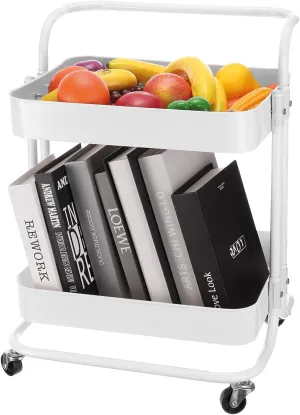 uxcell 2 Tier Rolling Cart,Rolling Storage Cart with Handle and Lockable Wheels Kitchen Cart, Storage Trolley Organizer Cart for Living Room, White