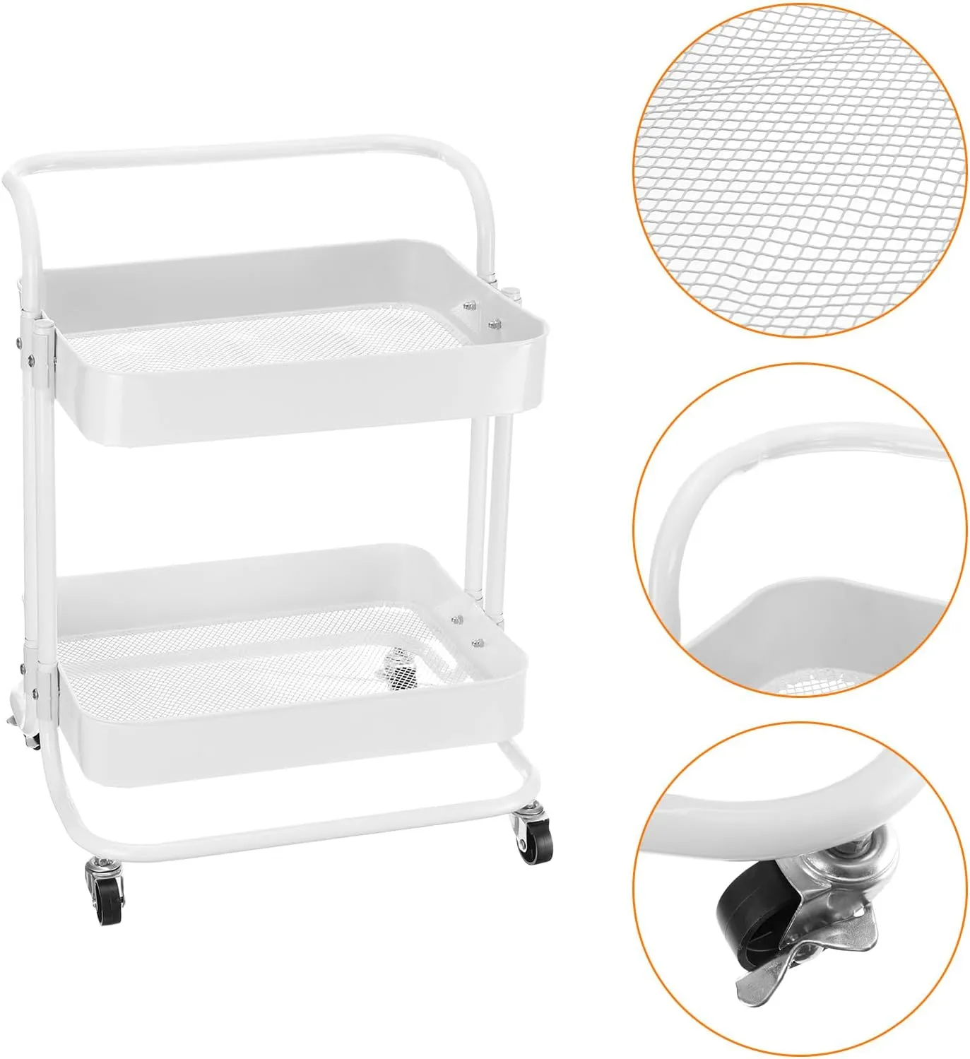 uxcell 2 Tier Rolling Cart,Rolling Storage Cart with Handle and Lockable Wheels Kitchen Cart, Storage Trolley Organizer Cart for Living Room, White