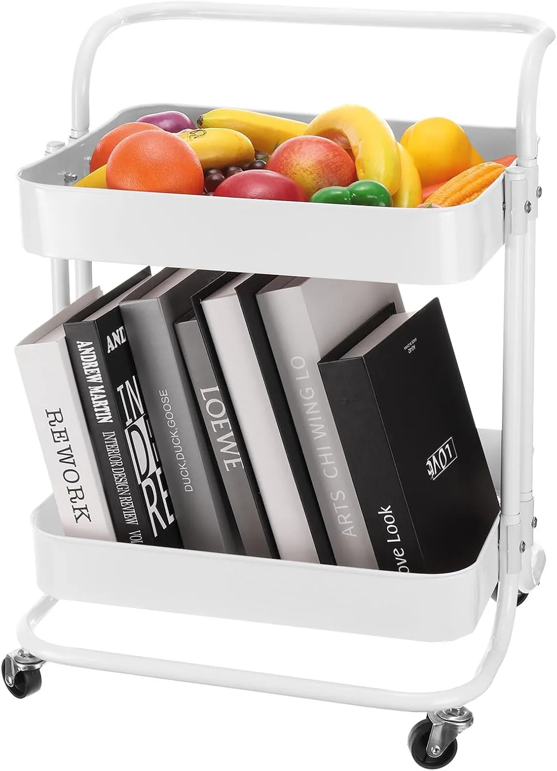 uxcell 2 Tier Rolling Cart,Rolling Storage Cart with Handle and Lockable Wheels Kitchen Cart, Storage Trolley Organizer Cart for Living Room, White
