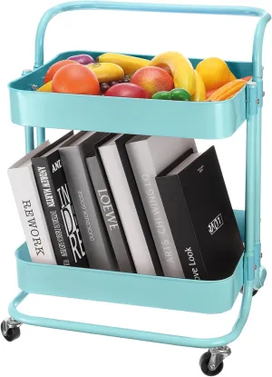 Uxcell 2 Tier Rolling Storage Cart With Handle and Lockable Wheels for Kitchen, Living Room - Blue Trolley Organizer