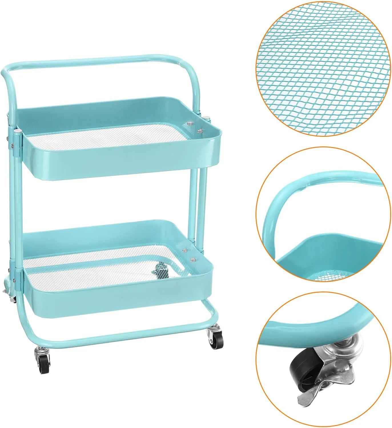 Uxcell 2 Tier Rolling Storage Cart With Handle and Lockable Wheels for Kitchen, Living Room - Blue Trolley Organizer