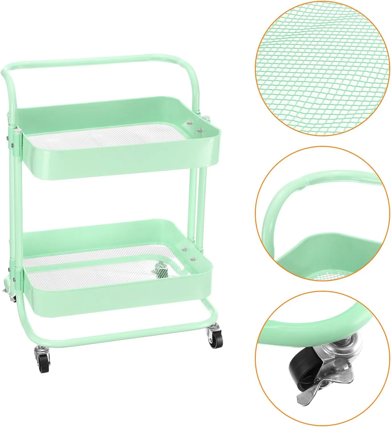 Uxcell 2 Tier Rolling Storage Cart With Handle and Lockable Wheels for Kitchen, Living Room - Green Trolley Organizer
