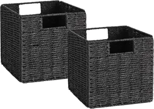 Vagusicc Storage Basket, Set of 2 Hand-Woven Storage Baskets for Organizing with Handles, Foldable Cube Storage Baskets Bins Organizer, 13 inch Large Wicker Baskets for Shelves & Decor, Black