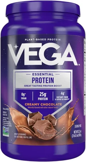 Vega Original Essential Protein - 25g Plant-Based Protein, Creamy Chocolate, 20 Servings, Vegan Non-GMO Drink Mix, Smoothie & Shake Ready, Gluten Free, Dairy Free, 32.5oz (Packaging May Vary)