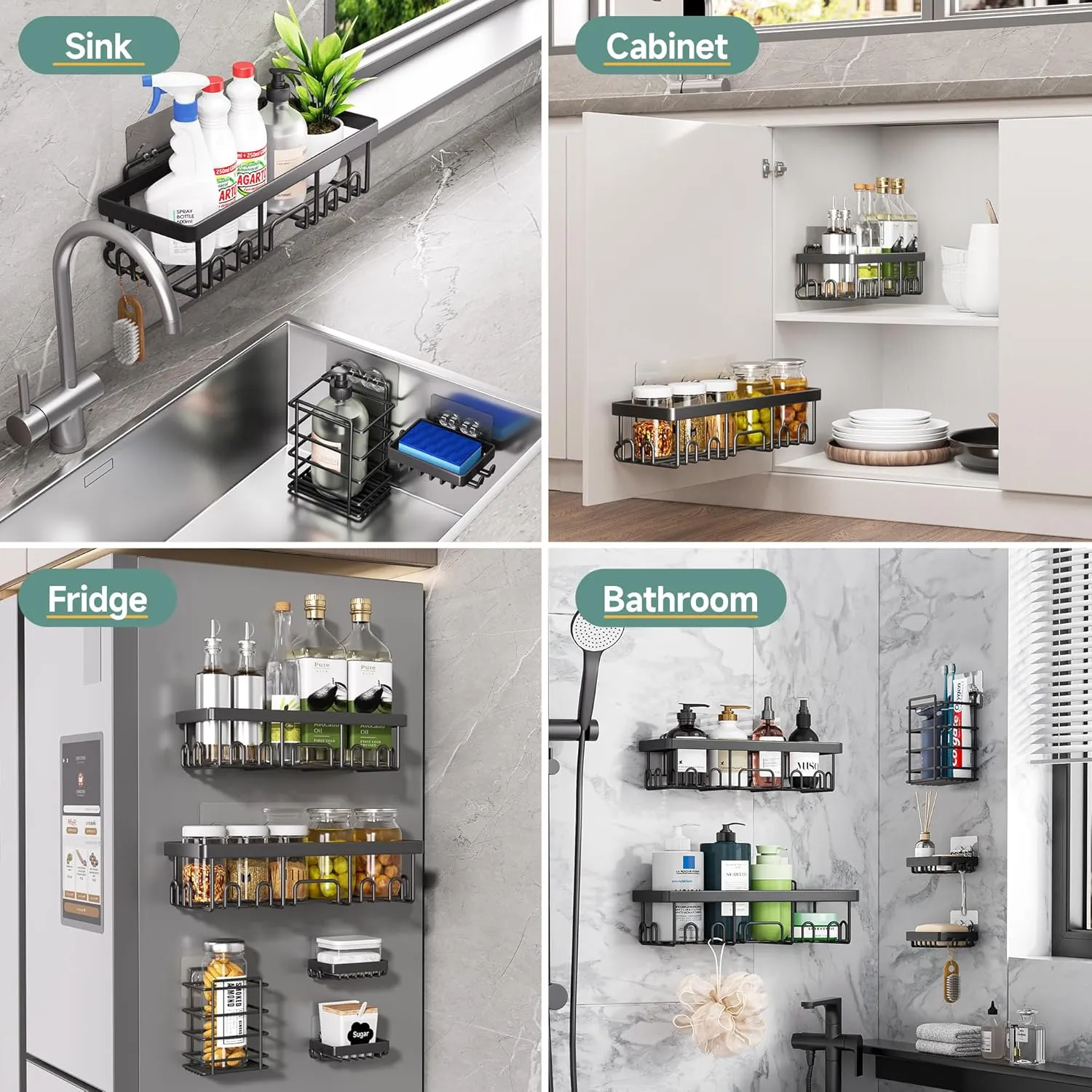 Veken 5-Pack Shower Caddy, Rustproof & Water-Resistant Kitchen Sink Organizer, Large Capacity Spice Rack, Wall-Mounted Storage Shelves for Kitchen & Bathroom, Soap Dish & Multi-Purpose Sponge Holder