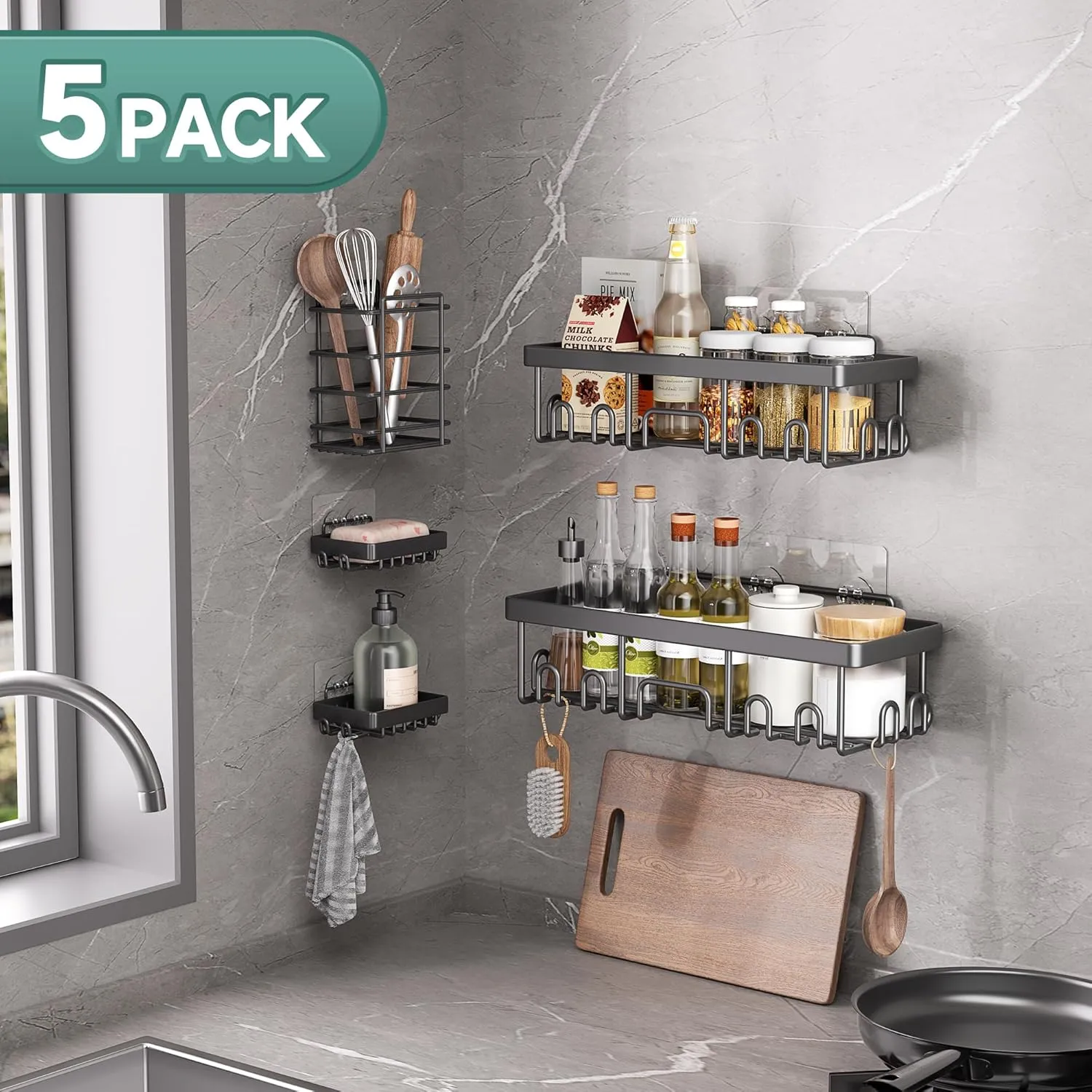 Veken 5-Pack Shower Caddy, Rustproof & Water-Resistant Kitchen Sink Organizer, Large Capacity Spice Rack, Wall-Mounted Storage Shelves for Kitchen & Bathroom, Soap Dish & Multi-Purpose Sponge Holder