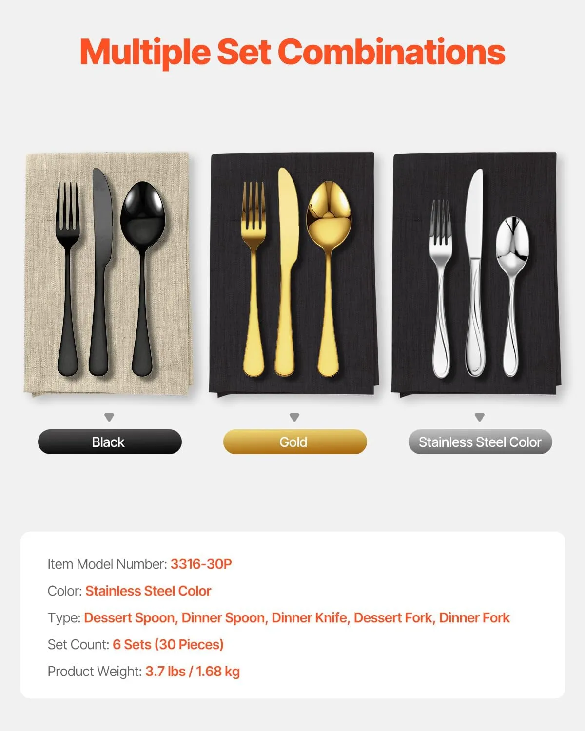 VEVOR 30-Piece Silverware Set, Food-Grade Stainless Steel Flatware Utensils, Mirror Finished Cutlery Set, Dishwasher Safe Eating Tableware for Kitchen Home, Service for 6, Include Knife Fork Spoon
