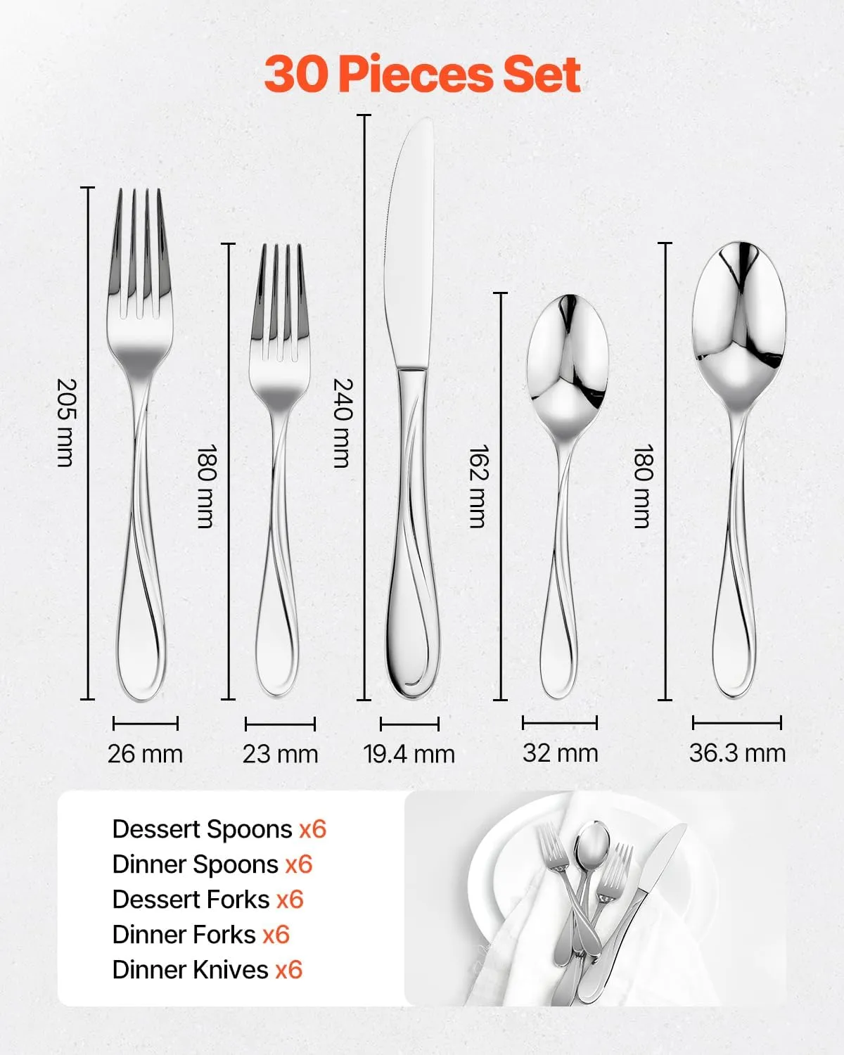 VEVOR 30-Piece Silverware Set, Food-Grade Stainless Steel Flatware Utensils, Mirror Finished Cutlery Set, Dishwasher Safe Eating Tableware for Kitchen Home, Service for 6, Include Knife Fork Spoon