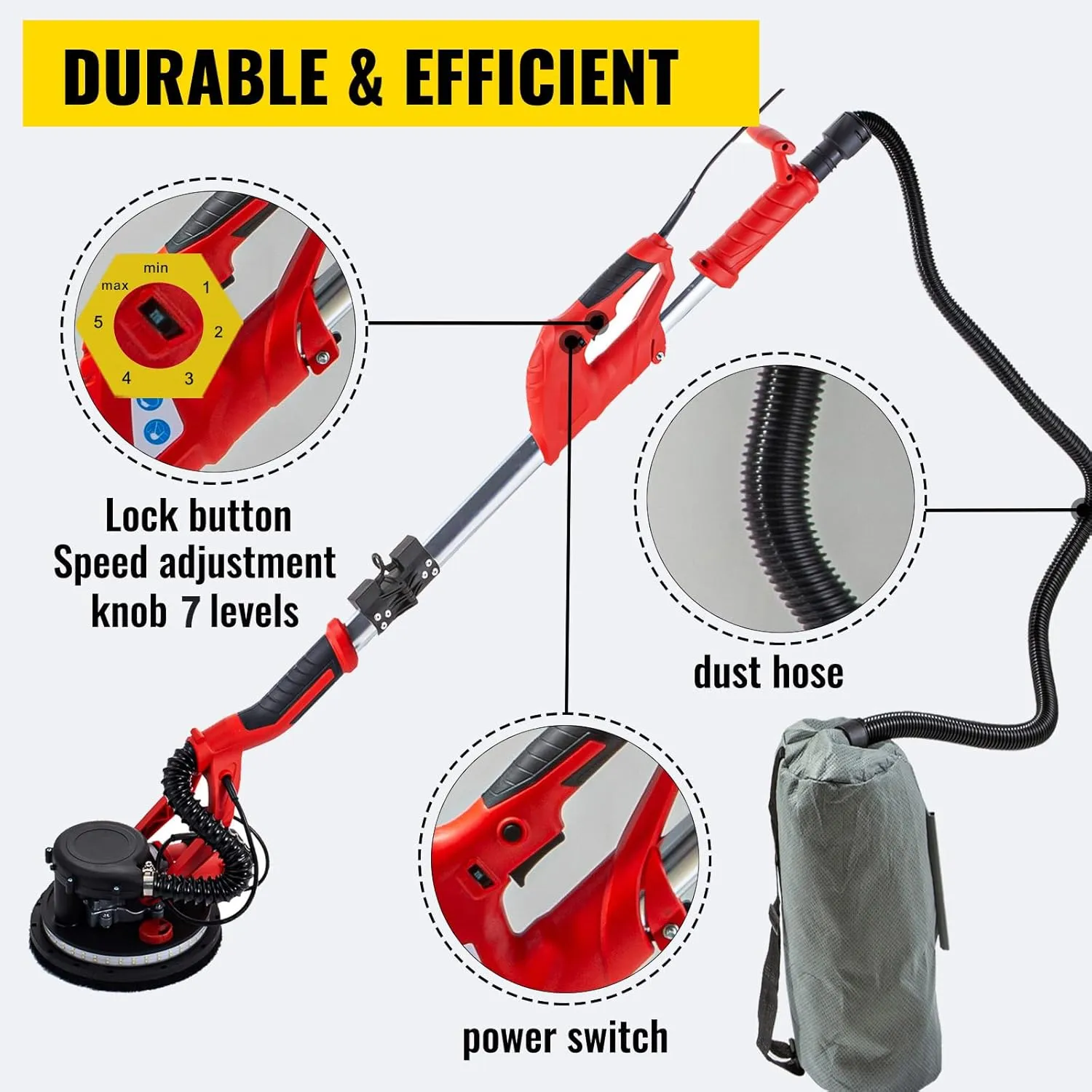 VEVOR Drywall Sander 850W, Electric Drywall Sander Variable Speed 800-1750 RPM, Foldable Sheetrock Sander with Telescope Handle, Electric Sander with LED Strip Light and Vacuum Bag, Wall Sander