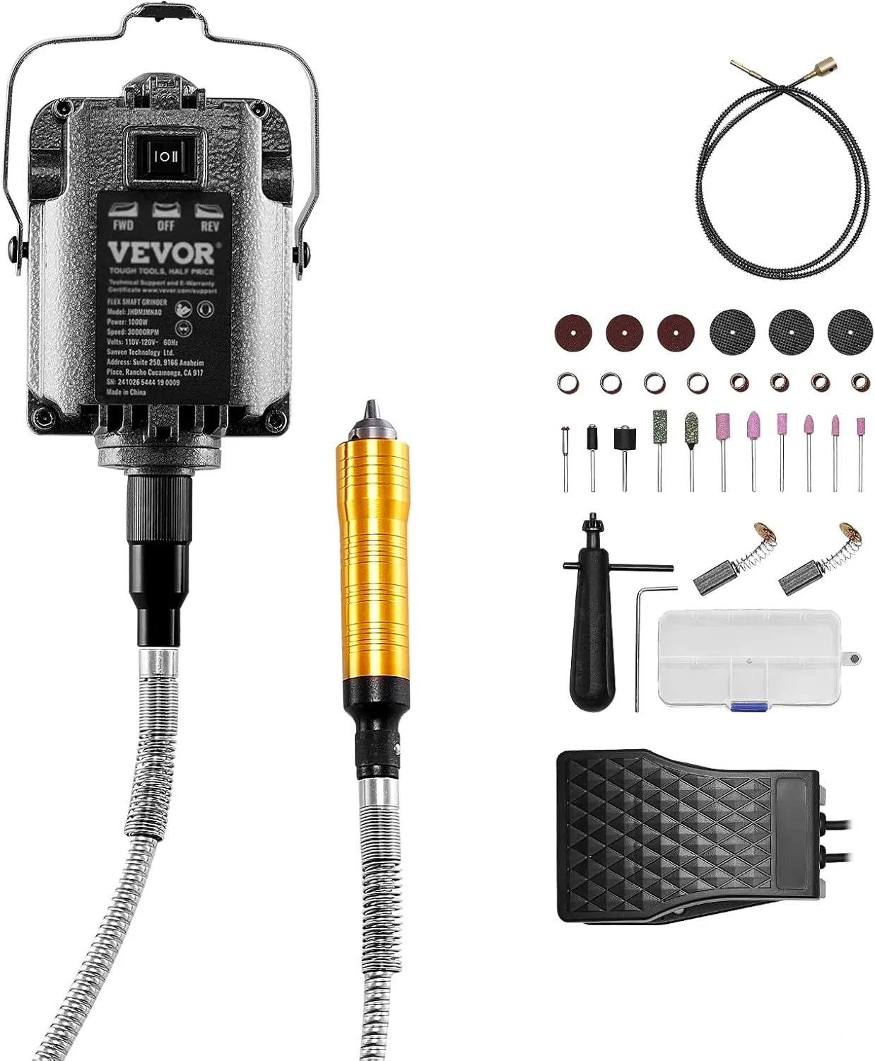 VEVOR Flex Shaft Grinder, 1000W 30,000RPM Electric Flex Shaft Rotary Tool Carver, Multi-functional Hanging Grinding Machine with 31PCS Accessories & Foot Pedal for Carving Buffing Drilling Polishing