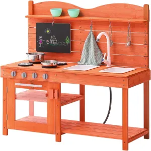 VEVOR Mud Kitchen for Kids, Wooden Pretend Play Kitchen Set for Boys & Girls, Pretend Play Kitchen with Realistic Stoves, 2 Removable Sink, Upgraded Faucet, Blackboard, Cookware Pots