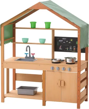 VEVOR Mud Kitchen with Canopy, Fir Wood Play Kitchen for Toddlers with Accessories, Mud Kitchen for Kids Outdoor Backyard with Stoves, Planter Boxes, 2 Sink, Faucet, Blackboard, Cookware Pot,