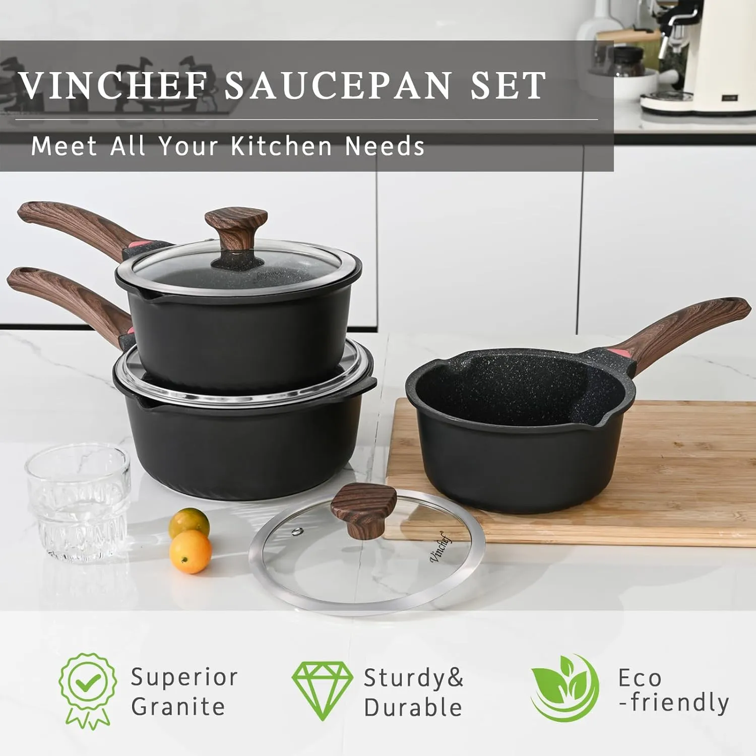 VINCHEF Nonstick Saucepan with Lid, 3QT Sauce Pan with Stay Cool Handle, Non Stick Small Cooking Pots Induction pot, Dishwasher Safe, Compatible for All Stove Top, PFAS and PFOA Free Black