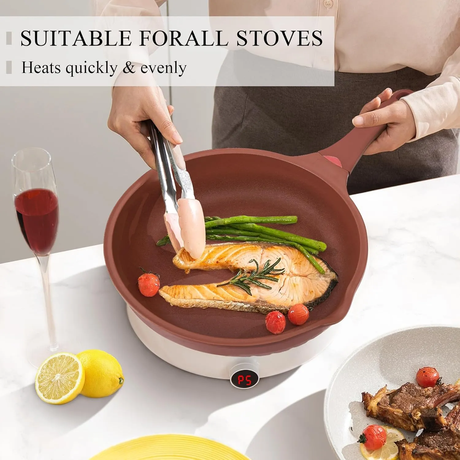 Vinchef Nonstick Toxin-Free Ceramic Cookware Deep Frying Pan Saute Pan with Lid, 12in/5.5Qt Fry Pan, German 3C  Ceramic Coating Technology, Heat Indicator, Induction Compatible