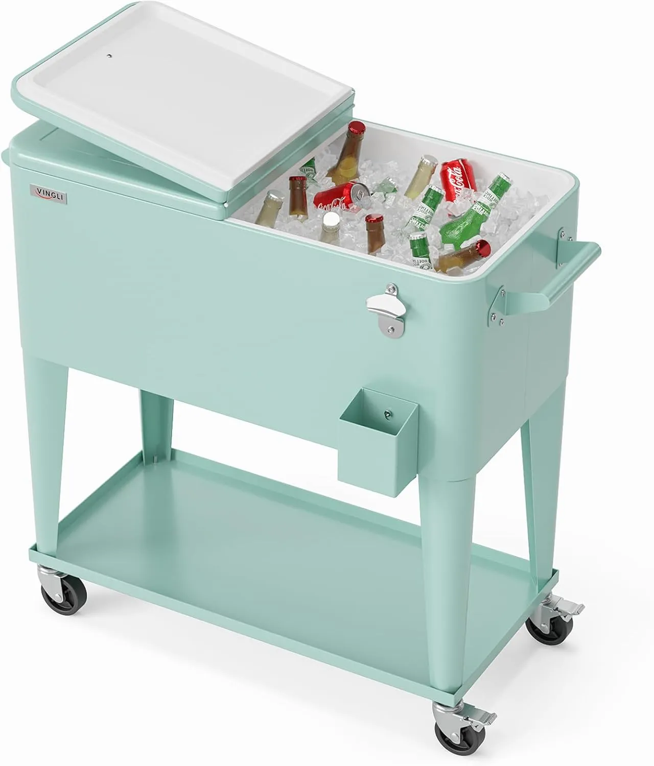 VINGLI 80 Quart Rolling Ice Chest, Portable Patio Party Bar Drink Cooler Cart, with Shelf, Beverage Pool with Bottle Opener