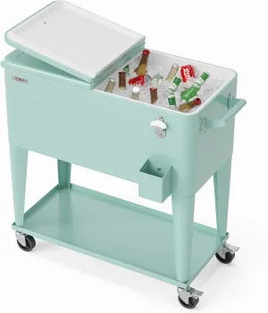 VINGLI 80 Quart Rolling Ice Chest, Portable Patio Party Bar Drink Cooler Cart, with Shelf, Beverage Pool with Bottle Opener