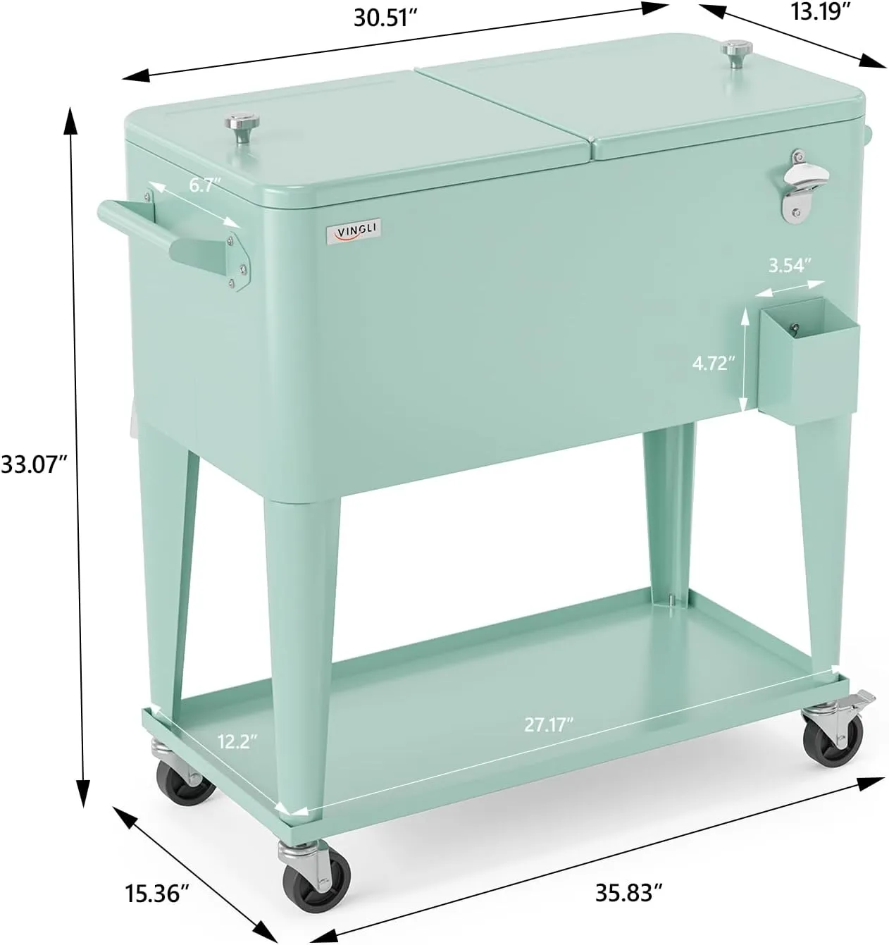 VINGLI 80 Quart Rolling Ice Chest, Portable Patio Party Bar Drink Cooler Cart, with Shelf, Beverage Pool with Bottle Opener