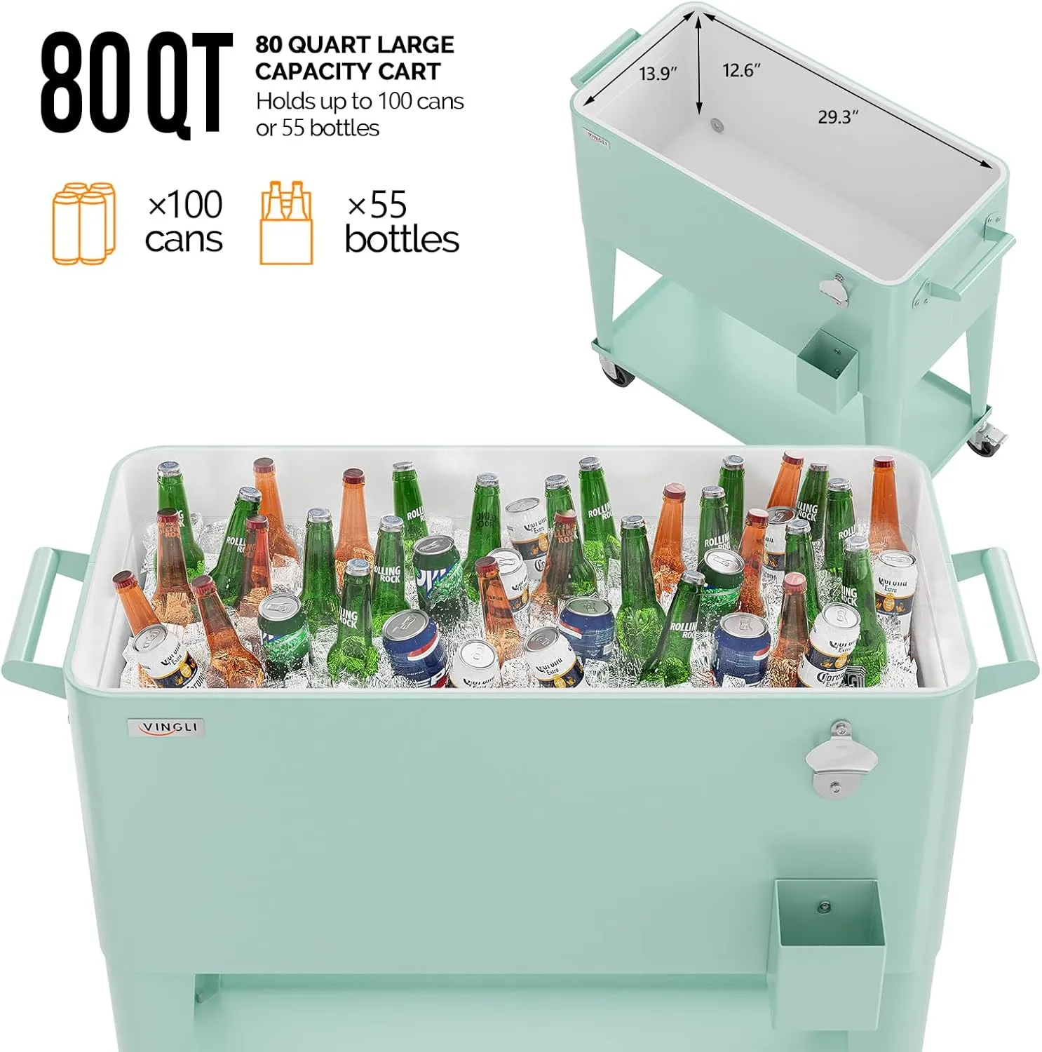 VINGLI 80 Quart Rolling Ice Chest, Portable Patio Party Bar Drink Cooler Cart, with Shelf, Beverage Pool with Bottle Opener