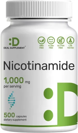 Vitamin B3 Nicotinamide 1,000mg Per Serving – 500 Capsules, Flush Free Niacin, Essential B3 – Supports Healthy Skin & Energy Production – Non-GMO