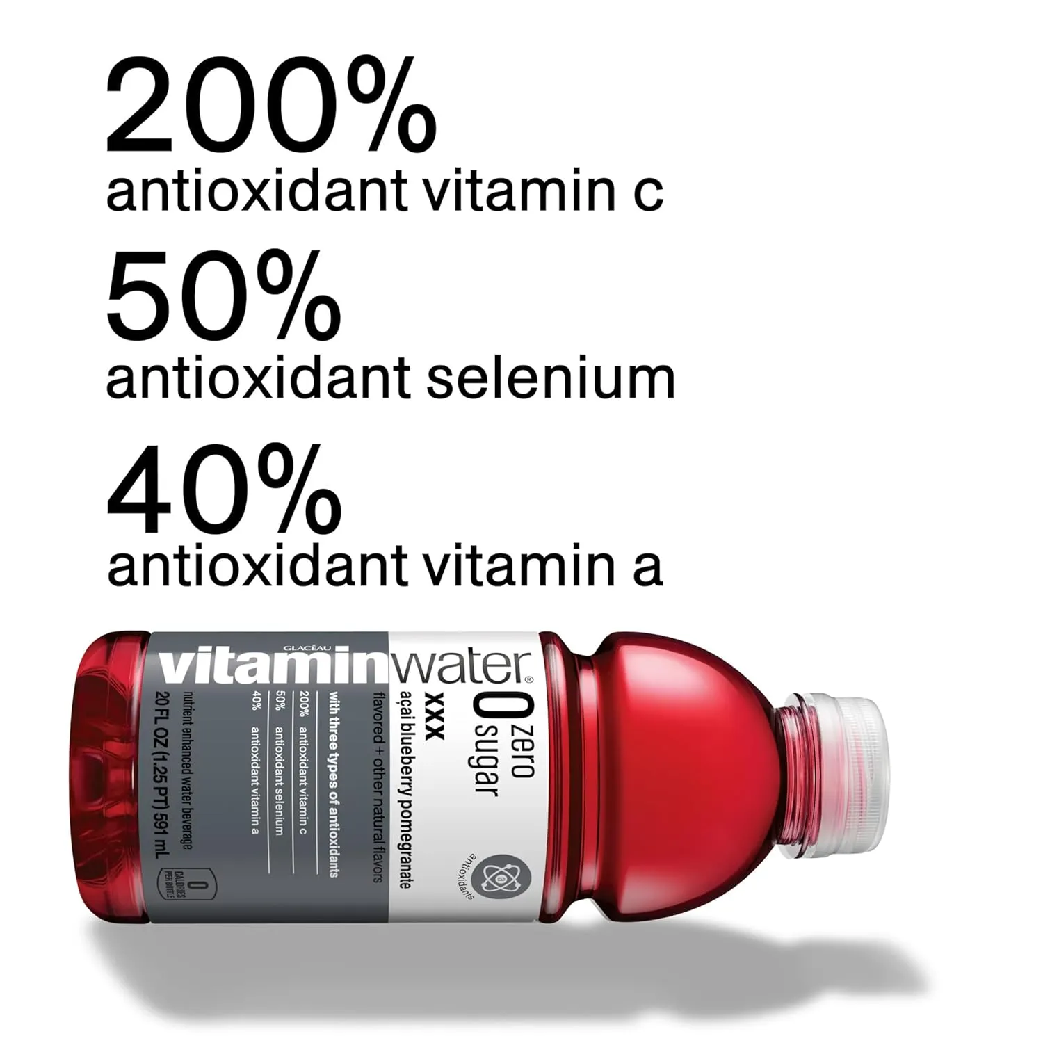 vitaminwater zero sugar xxx, electrolyte enhanced water w/vitamins, açai-blueberry-pomegranate drinks, 20 fl oz, 12 Pack