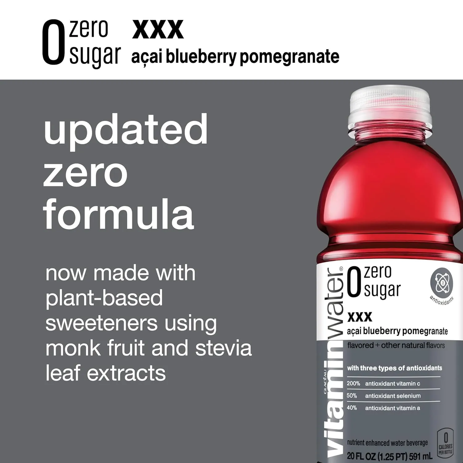 vitaminwater zero sugar xxx, electrolyte enhanced water w/vitamins, açai-blueberry-pomegranate drinks, 20 fl oz, 12 Pack