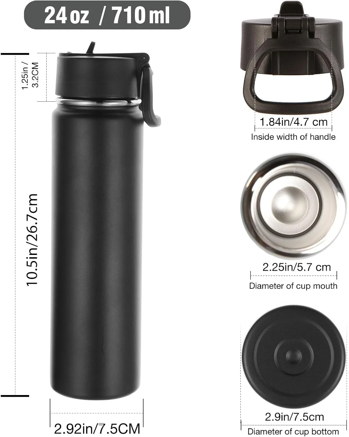 Volhoply 24oz Insulated Water Bottle with Straw Bulk 8 Pack,Metal Wide Mouth Water Bottles with Handle Lid Keep Cold,Reusable Double Wall Cups,Powder Coated Sport Bottle For Holder(Black,8 Count)