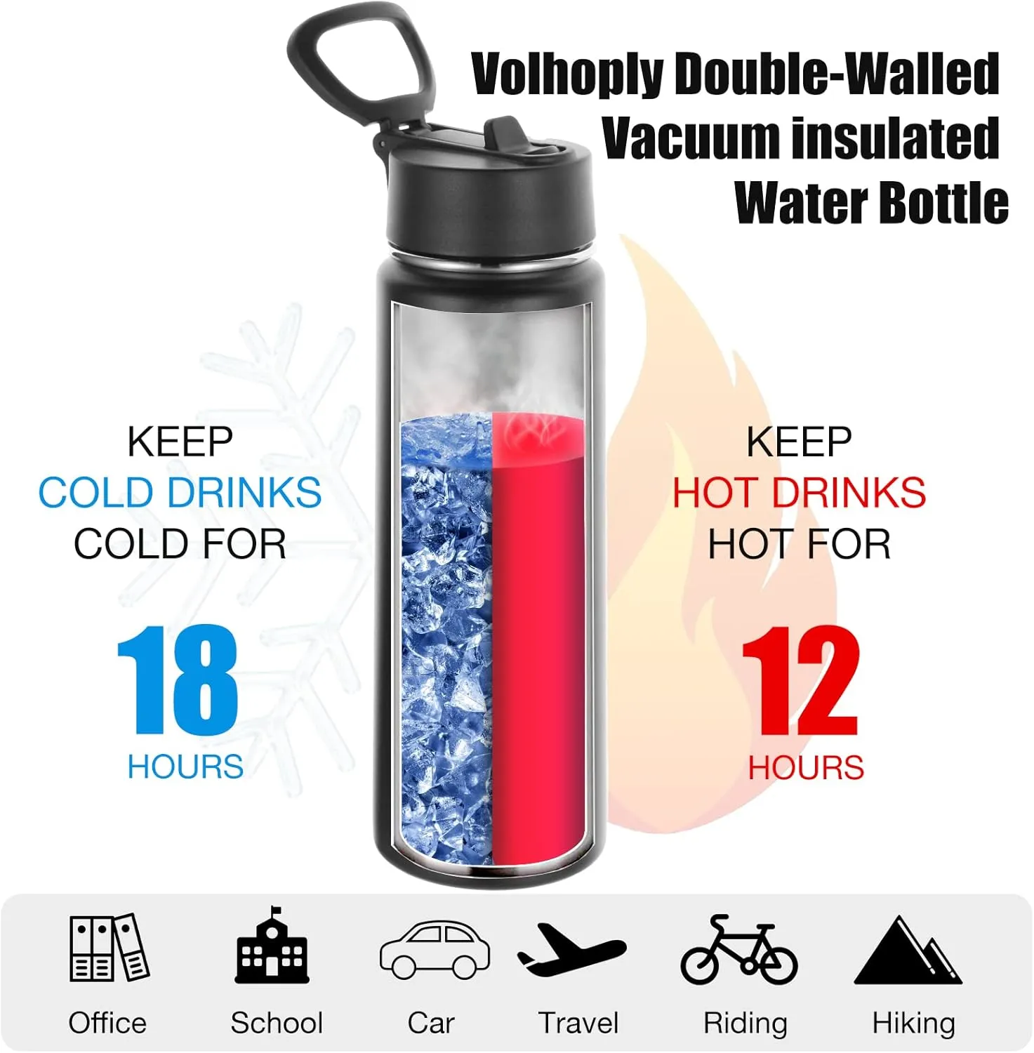 Volhoply 24oz Insulated Water Bottle with Straw Bulk 8 Pack,Metal Wide Mouth Water Bottles with Handle Lid Keep Cold,Reusable Double Wall Cups,Powder Coated Sport Bottle For Holder(Black,8 Count)