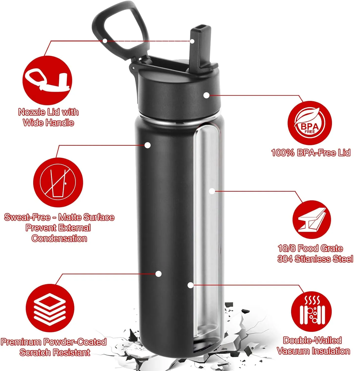 Volhoply 24oz Insulated Water Bottle with Straw Bulk 8 Pack,Metal Wide Mouth Water Bottles with Handle Lid Keep Cold,Reusable Double Wall Cups,Powder Coated Sport Bottle For Holder(Black,8 Count)