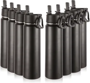 Volhoply 24oz Insulated Water Bottle with Straw Bulk 8 Pack,Metal Wide Mouth Water Bottles with Handle Lid Keep Cold,Reusable Double Wall Cups,Powder Coated Sport Bottle For Holder(Black,8 Count)