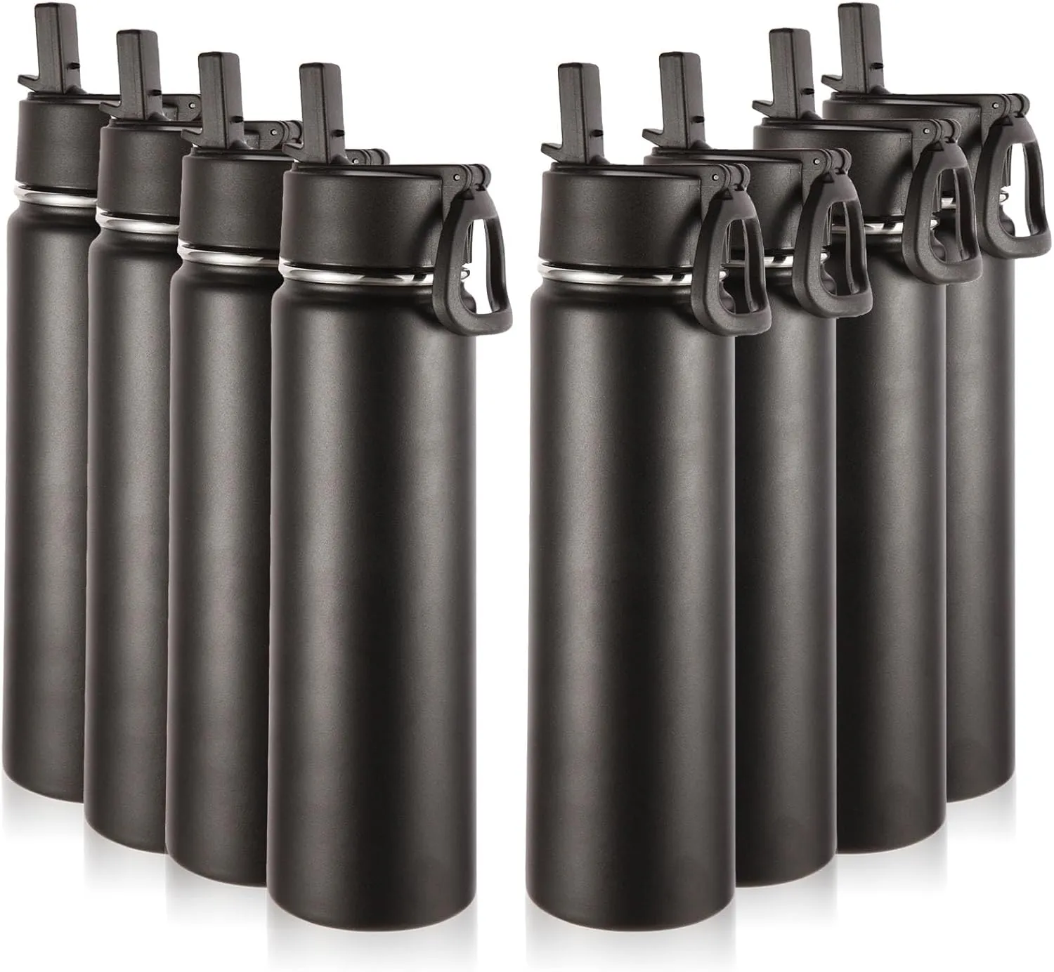 Volhoply 24oz Insulated Water Bottle with Straw Bulk 8 Pack,Metal Wide Mouth Water Bottles with Handle Lid Keep Cold,Reusable Double Wall Cups,Powder Coated Sport Bottle For Holder(Black,8 Count)