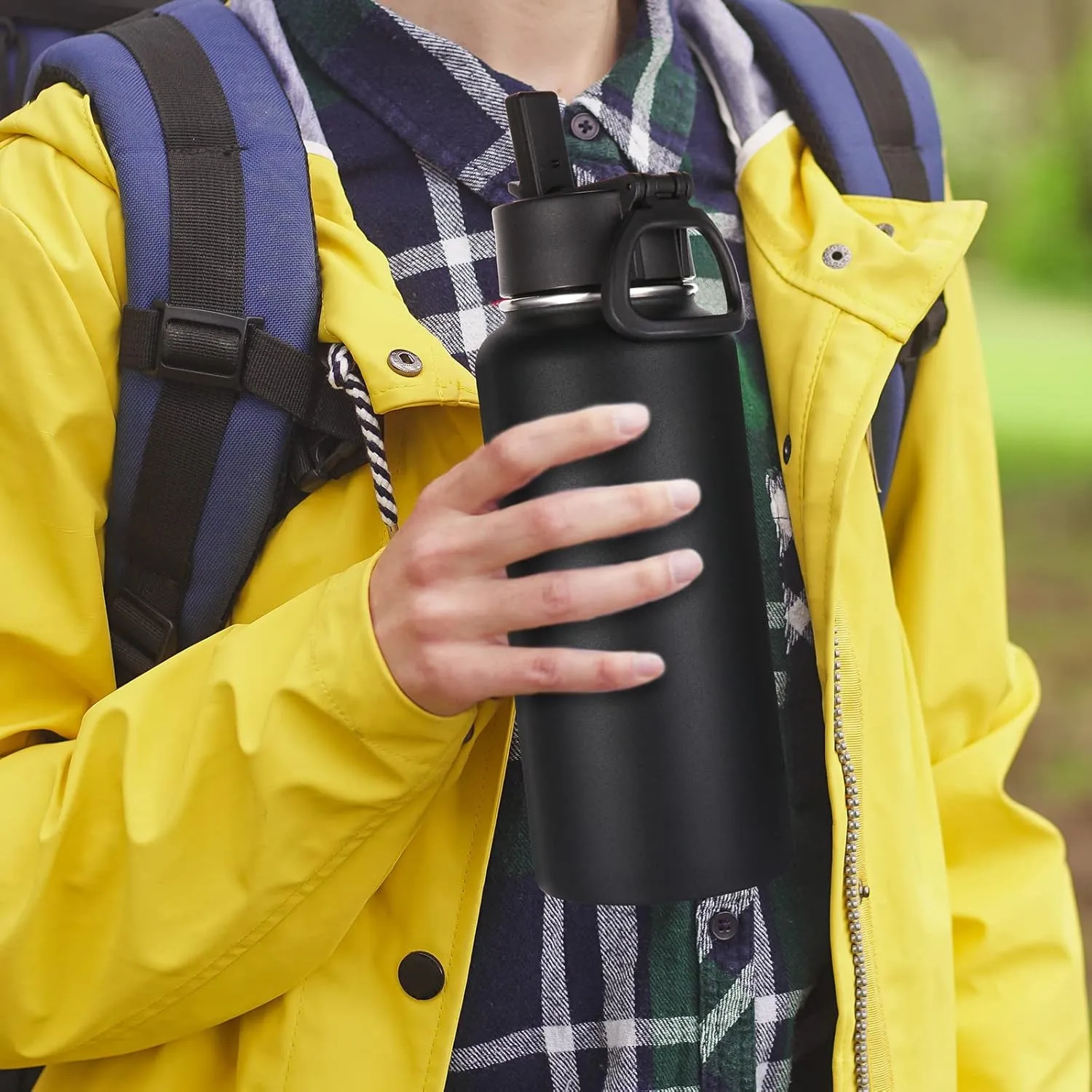 Volhoply 32oz Insulated Water Bottles Bulk 8 Pack with Straw Lid & Spout Lid,Stainless Steel Sports Water Bottle,Double Wall Vacuum Cups,Leakproof Wide Mouth Metal Flask for Hiking,Camping(Black,8)