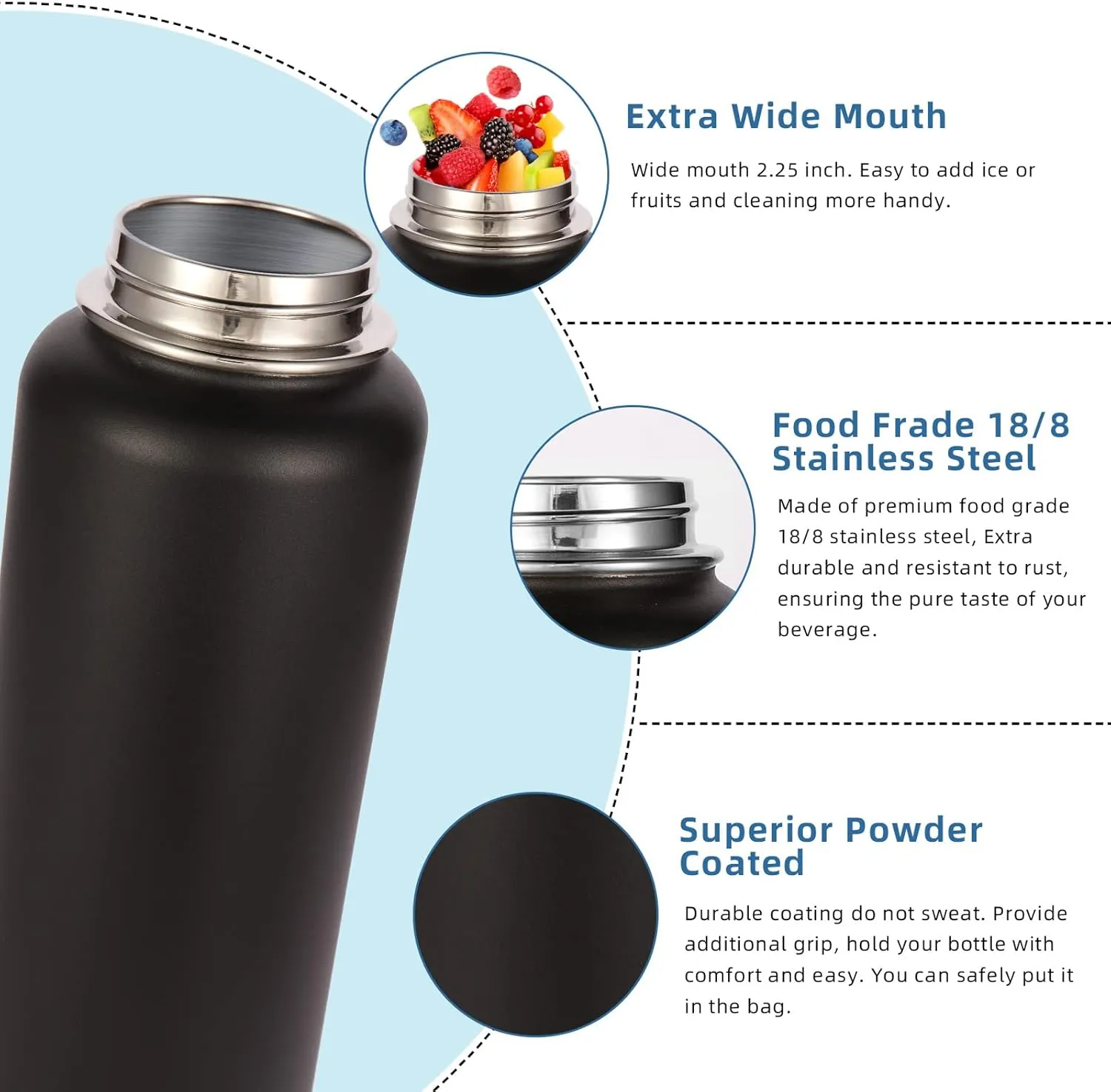 Volhoply 32oz Insulated Water Bottles Bulk 8 Pack with Straw Lid & Spout Lid,Stainless Steel Sports Water Bottle,Double Wall Vacuum Cups,Leakproof Wide Mouth Metal Flask for Hiking,Camping(Black,8)