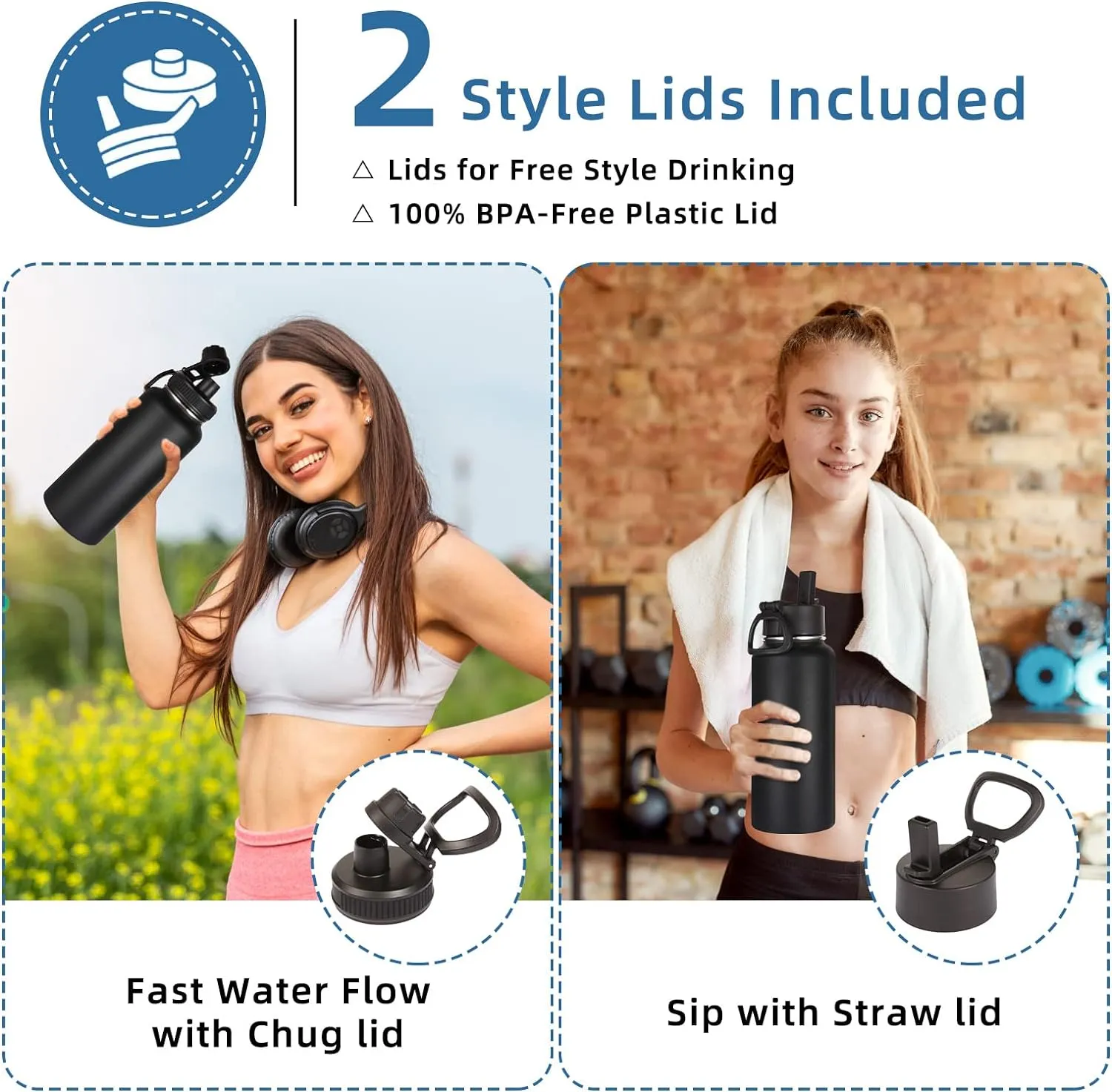 Volhoply 32oz Insulated Water Bottles Bulk 8 Pack with Straw Lid & Spout Lid,Stainless Steel Sports Water Bottle,Double Wall Vacuum Cups,Leakproof Wide Mouth Metal Flask for Hiking,Camping(Black,8)