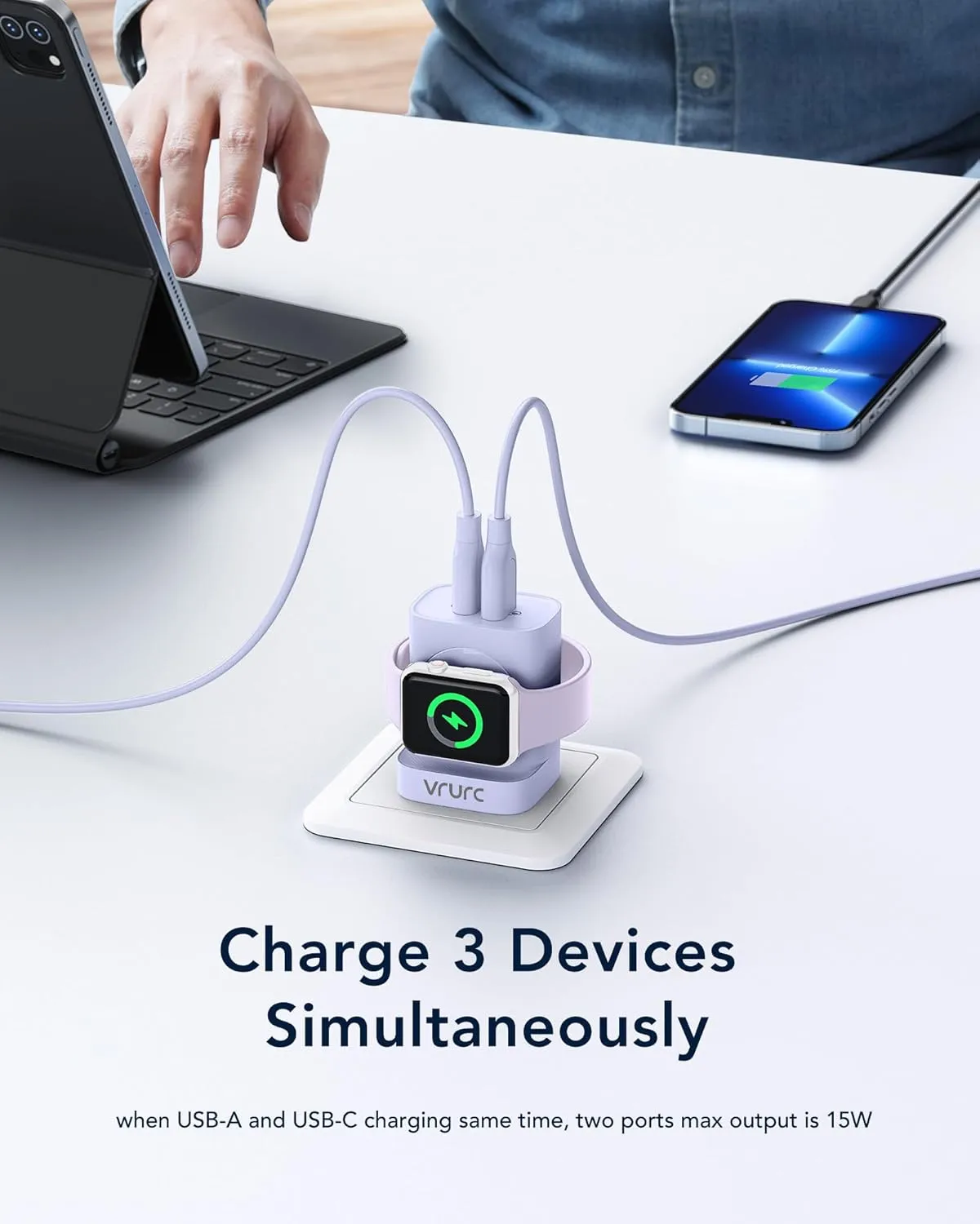 VRURC for Apple Watch Charger, Portable Wireless Magnetic for iWatch, PD 20W 3-in-1 Travel Essentials USB C Wall Charging Block for iWatch Ultra/SE/10/9/8/7/6/5/4/3/, iPhone 16/15/14/13,Android-Purple