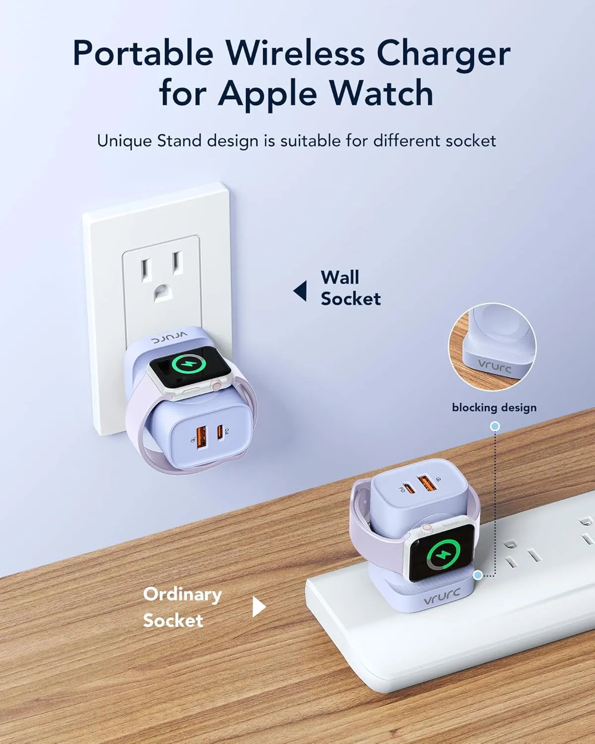 VRURC for Apple Watch Charger, Portable Wireless Magnetic for iWatch, PD 20W 3-in-1 Travel Essentials USB C Wall Charging Block for iWatch Ultra/SE/10/9/8/7/6/5/4/3/, iPhone 16/15/14/13,Android-Purple