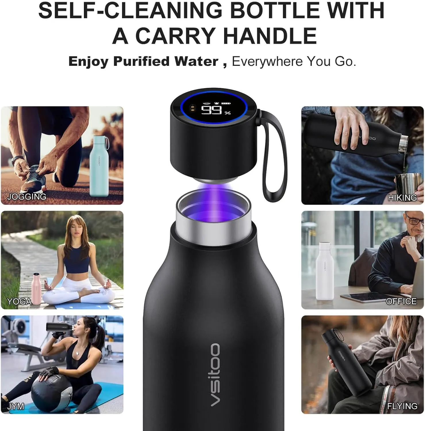 vsitoo Self-Cleaning Smart Water Bottle, Vacuum Stainless Steel Insulated Water Bottle with Handle Double-wall, Keep Drink Hot or Cold, Standard Metal Canteen for Gym and Outdoor, 33 oz