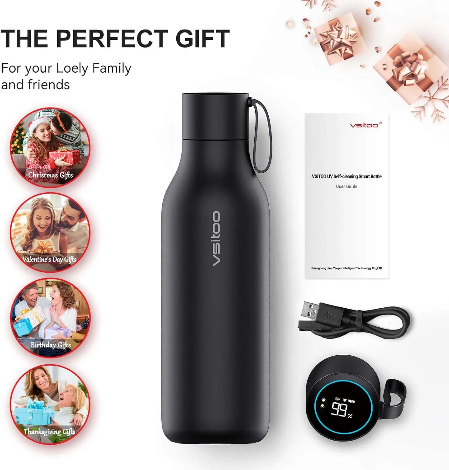 vsitoo Self-Cleaning Smart Water Bottle, Vacuum Stainless Steel Insulated Water Bottle with Handle Double-wall, Keep Drink Hot or Cold, Standard Metal Canteen for Gym and Outdoor, 33 oz