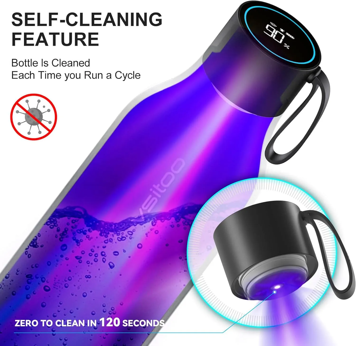 vsitoo Self-Cleaning Smart Water Bottle, Vacuum Stainless Steel Insulated Water Bottle with Handle Double-wall, Keep Drink Hot or Cold, Standard Metal Canteen for Gym and Outdoor, 33 oz