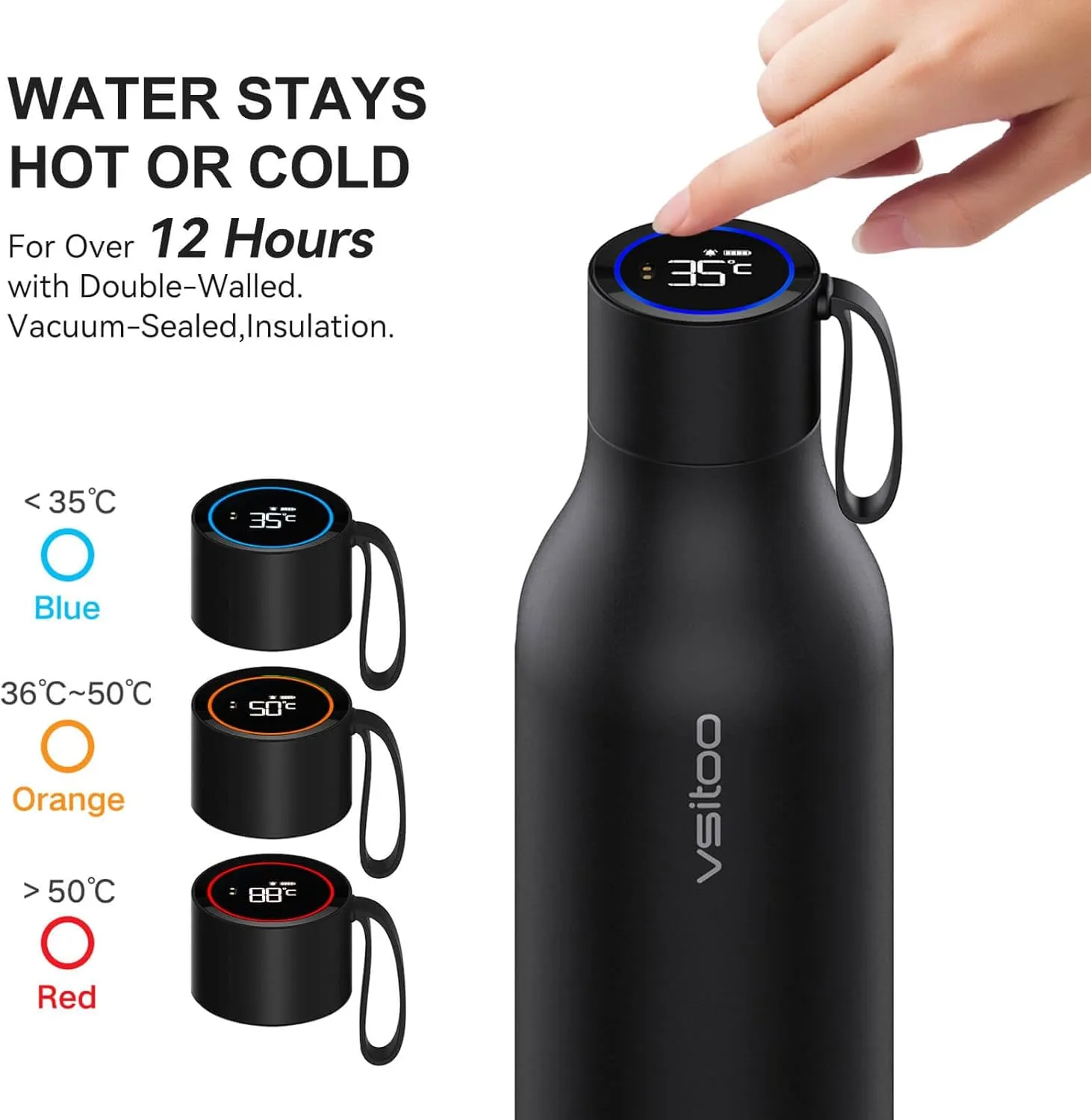 vsitoo Self-Cleaning Smart Water Bottle, Vacuum Stainless Steel Insulated Water Bottle with Handle Double-wall, Keep Drink Hot or Cold, Standard Metal Canteen for Gym and Outdoor, 33 oz