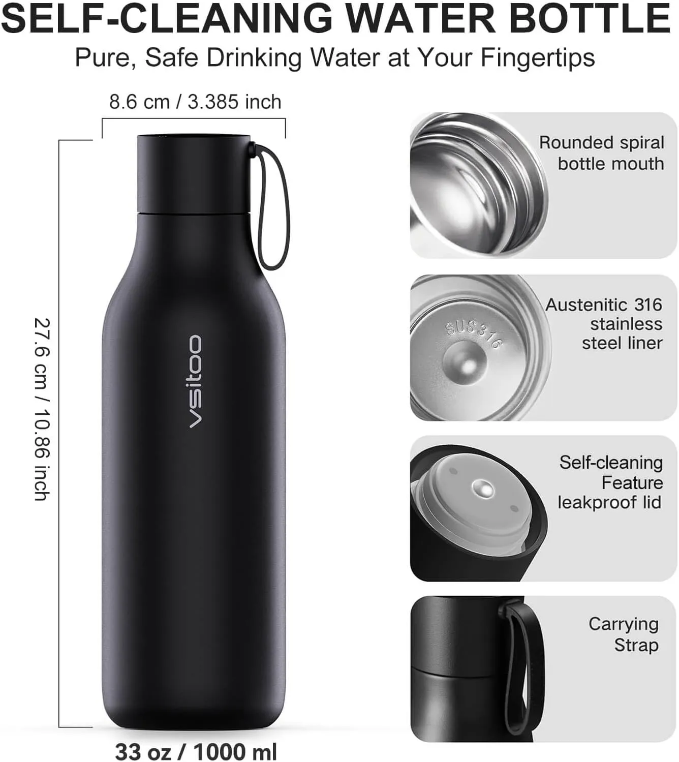 vsitoo Self-Cleaning Smart Water Bottle, Vacuum Stainless Steel Insulated Water Bottle with Handle Double-wall, Keep Drink Hot or Cold, Standard Metal Canteen for Gym and Outdoor, 33 oz