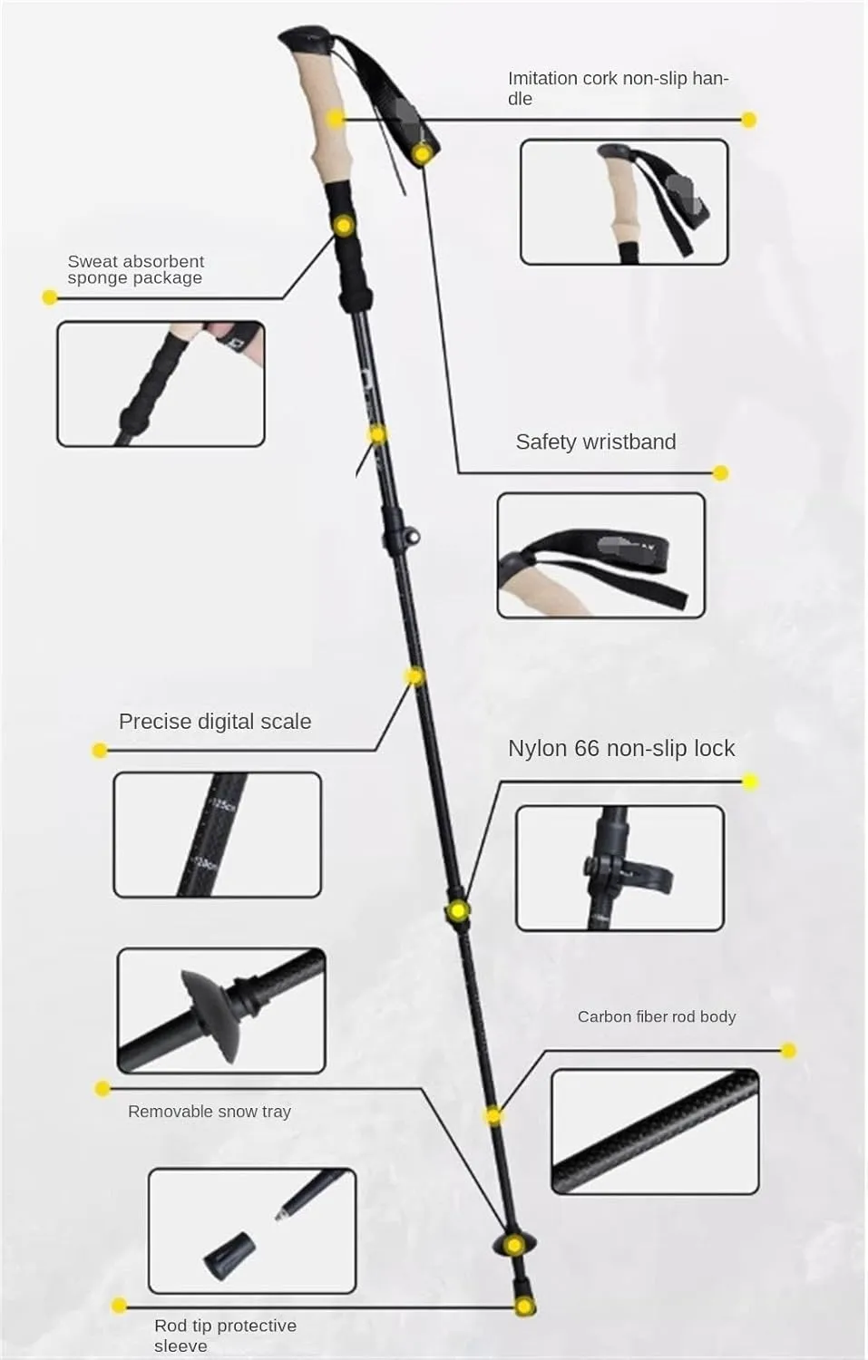 Walking Stick Hiking Poles Hiking Walking Sticks Carbon Fiber Trekking Pole Camping Walking Pole Telescopic Hiking Gear Trekking Poles, 64-134cm, Black