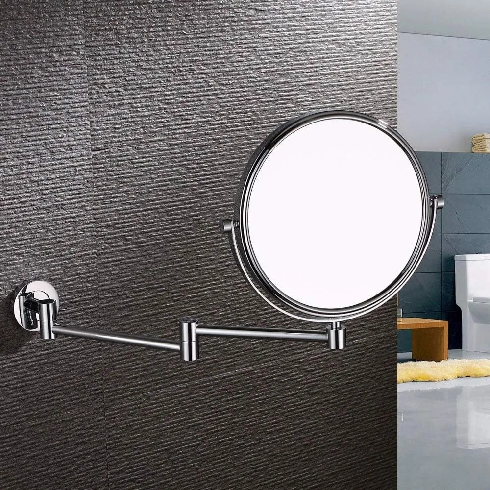 Wall Mounted Makeup Mirror, 8 Inch Cosmetic Mirror for Bathroom, Round Extendable Brass Mirror with Magnification(Chrome,7X)