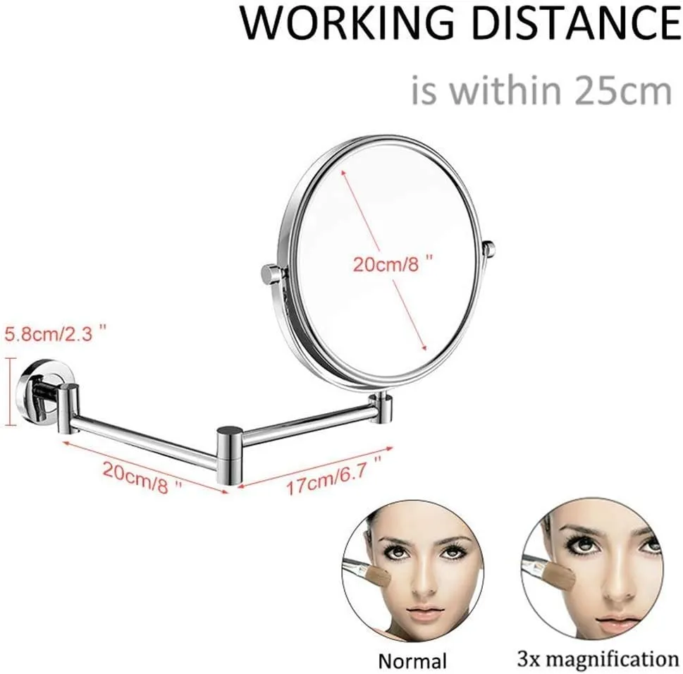Wall Mounted Makeup Mirror, 8 Inch Cosmetic Mirror for Bathroom, Round Extendable Brass Mirror with Magnification(Chrome,7X)