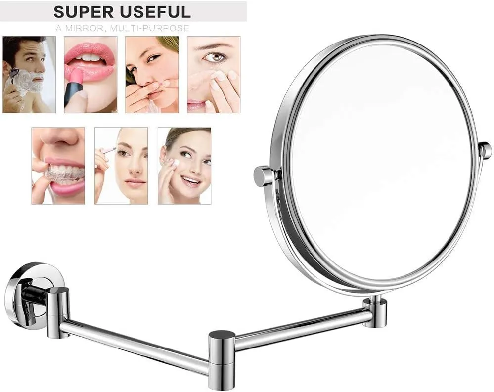 Wall Mounted Makeup Mirror, 8 Inch Cosmetic Mirror for Bathroom, Round Extendable Brass Mirror with Magnification(Chrome,7X)